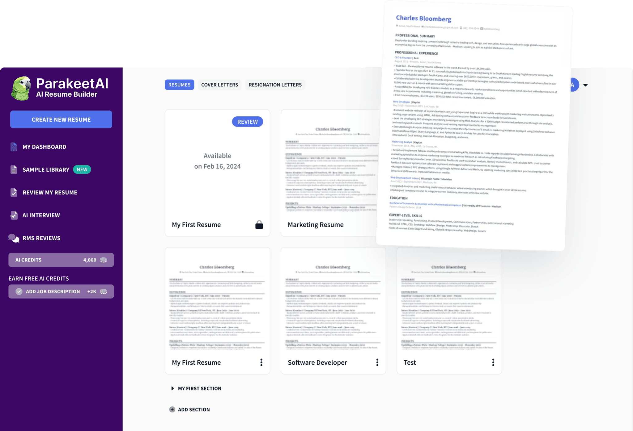 Ai resume dashboard preview
