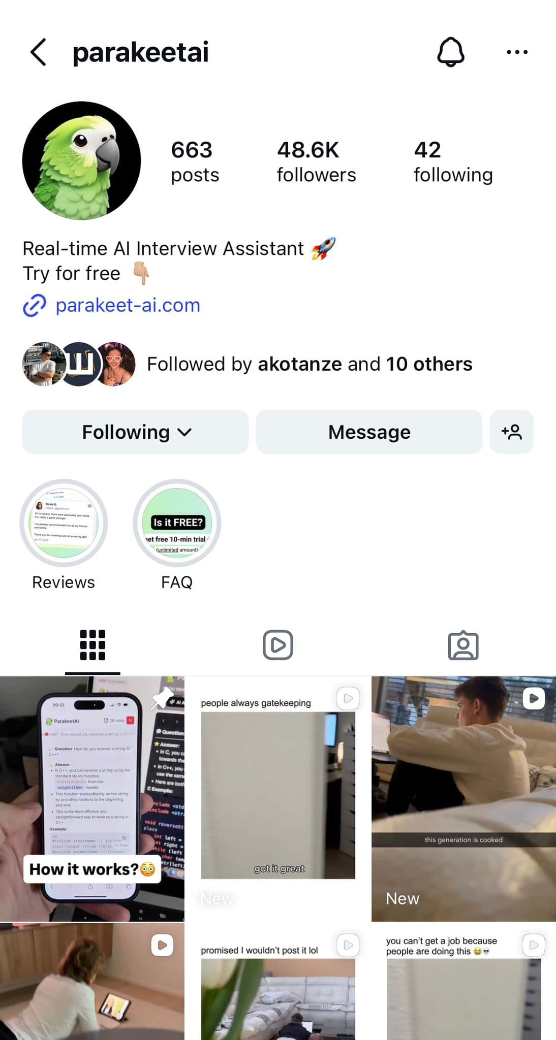 ParakeetAI instagram page